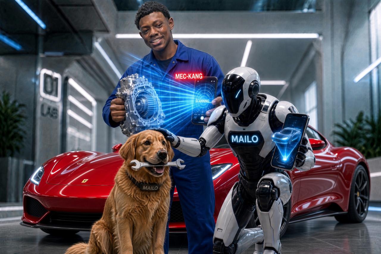 MEC-KANG: mecánico, asistente robot MAILO y perro con llave en un taller automotriz futurista
